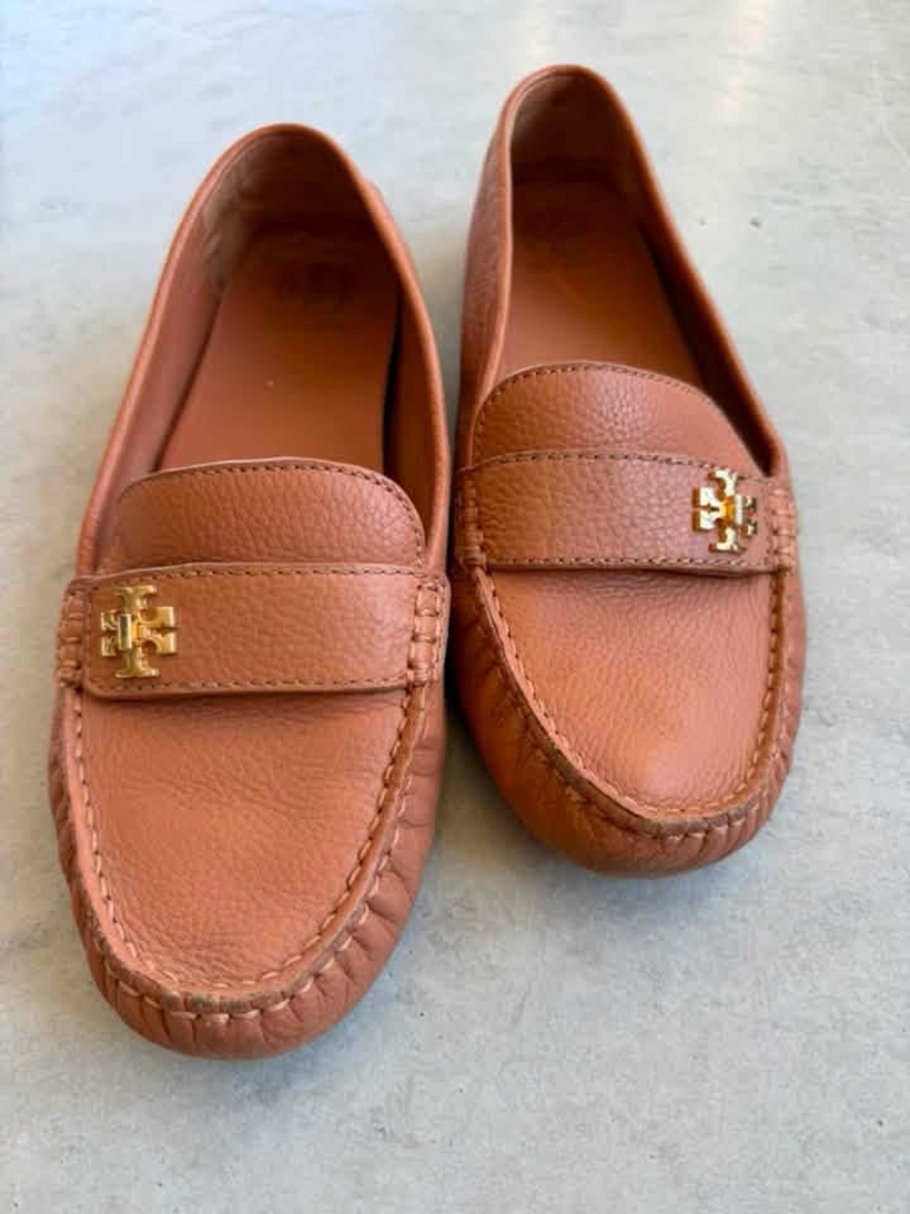 Tory Burch Men's Leather Penny Loafers in Tan Brown with Gold Logo